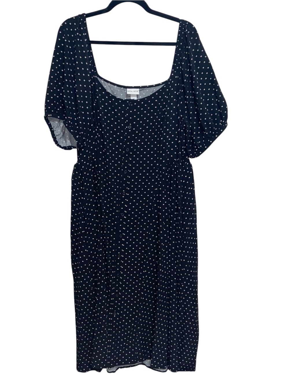 Ava & Viv Dress Womens Plus Size 2X Black Polka Dot Puff Sleeve Button Midi